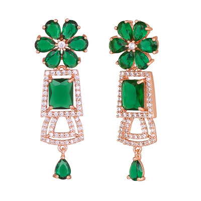 Estele Rose Gold Plated CZ Glimmering Earrings with Green Stones for Women