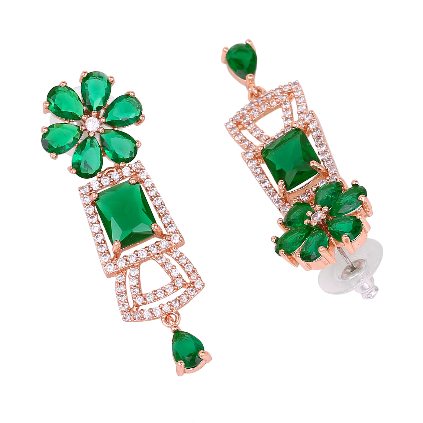 Estele Rose Gold Plated CZ Glimmering Earrings with Green Stones for Women