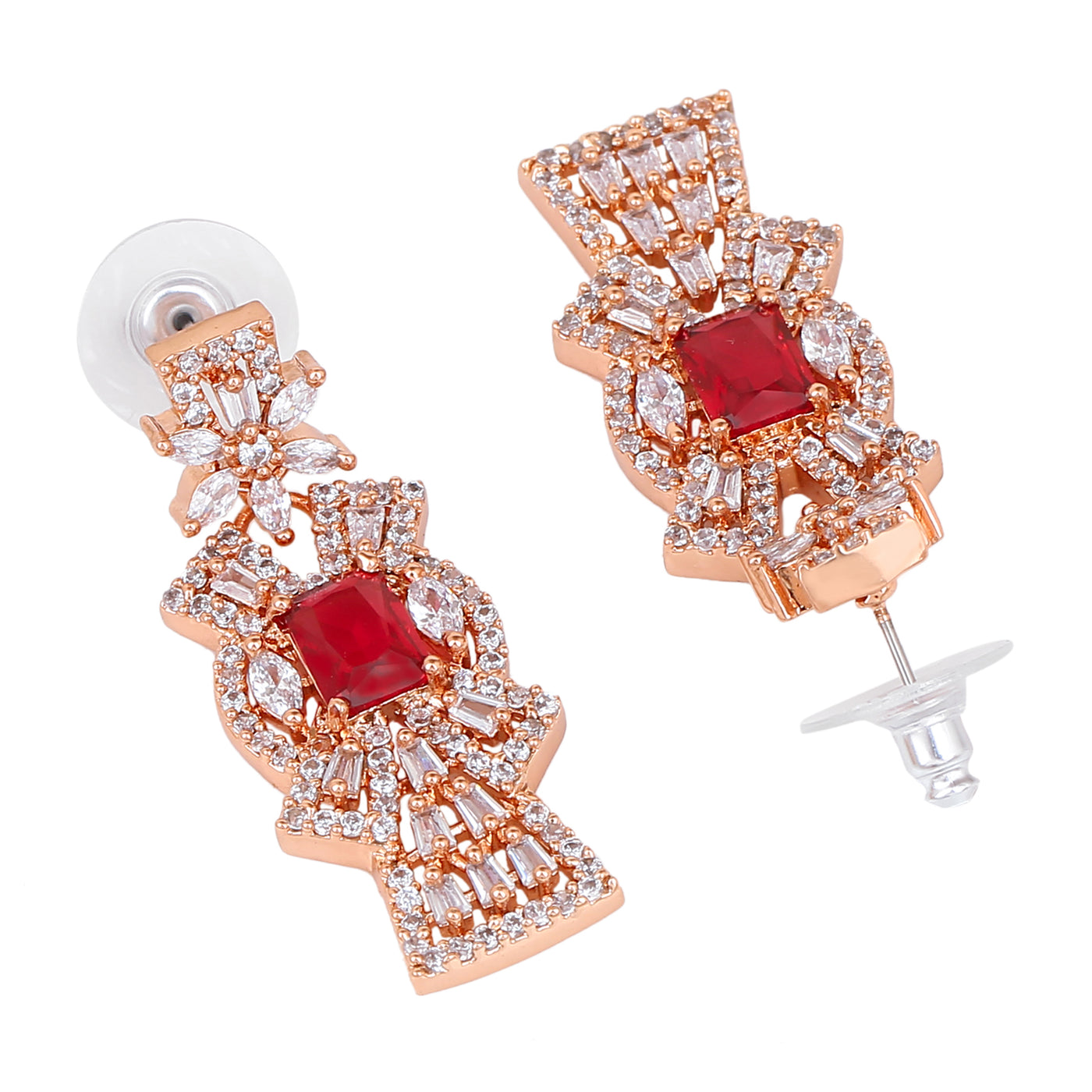 Estele Rose Gold Plated CZ Ravishing Earrings with Tourmaline Pink Stones for Women