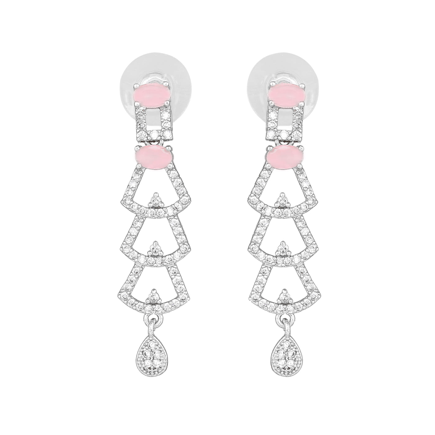 Estele Rhodium Plated CZ Ravishing Drop Earrings with Mint Pink Stones for Women