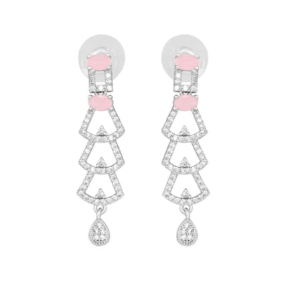 Estele Rhodium Plated CZ Ravishing Drop Earrings with Mint Pink Stones for Women