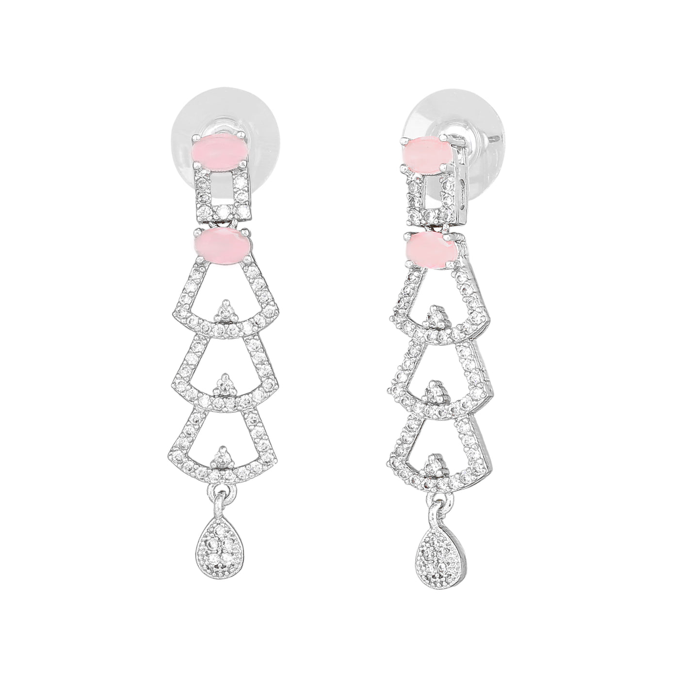 Estele Rhodium Plated CZ Ravishing Drop Earrings with Mint Pink Stones for Women