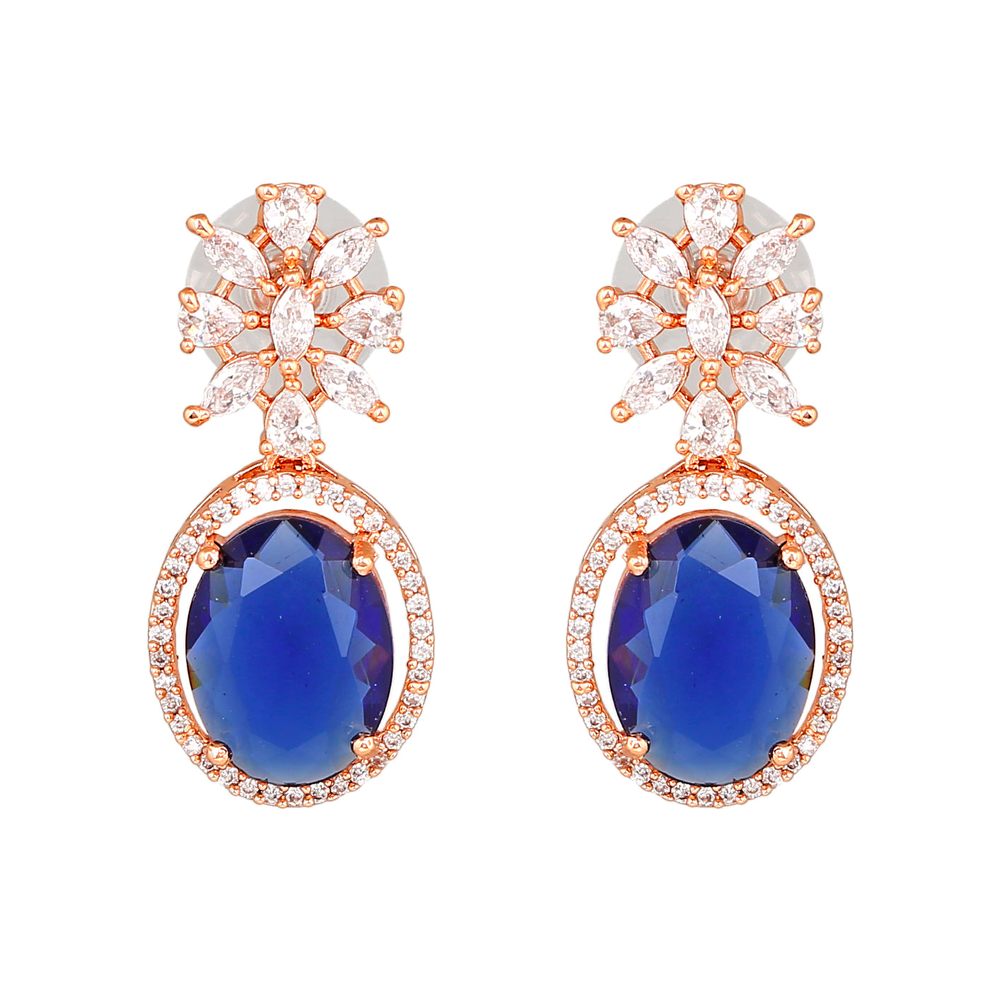 Estele Rose Gold Plated CZ Beautiful Drop Earrings with Blue Stones for Women