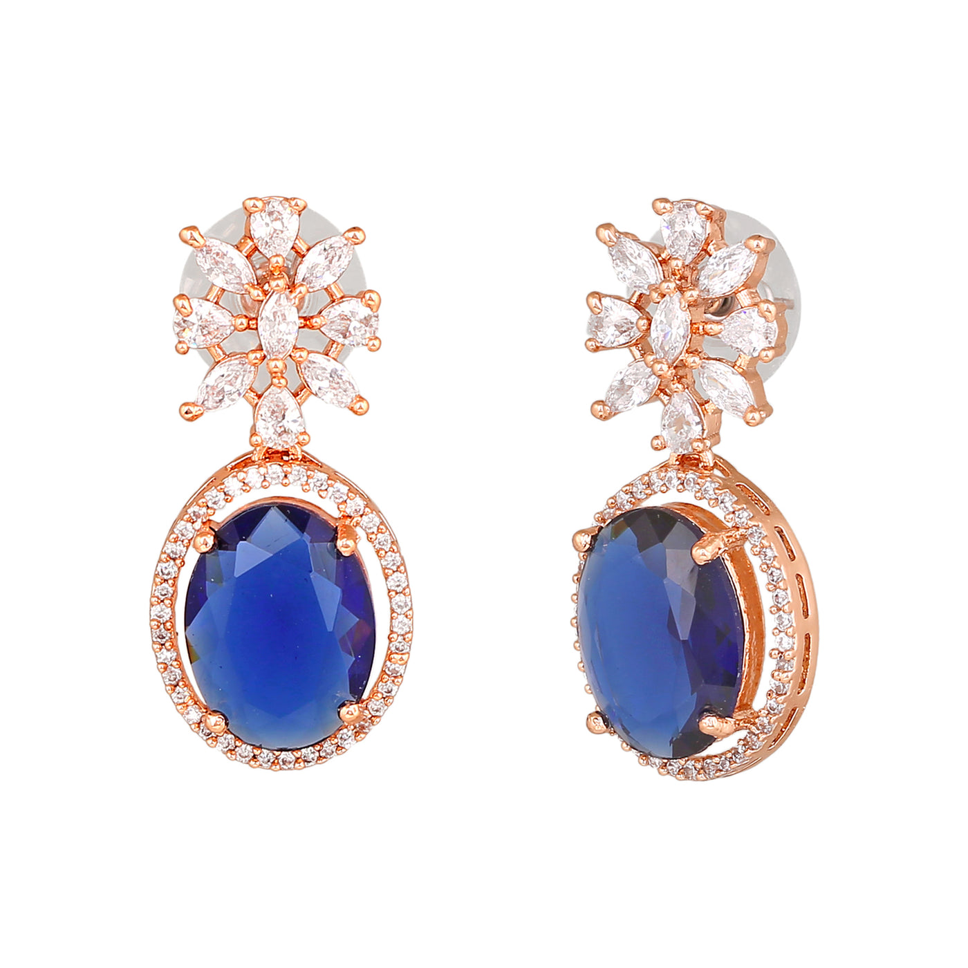 Estele Rose Gold Plated CZ Beautiful Drop Earrings with Blue Stones for Women