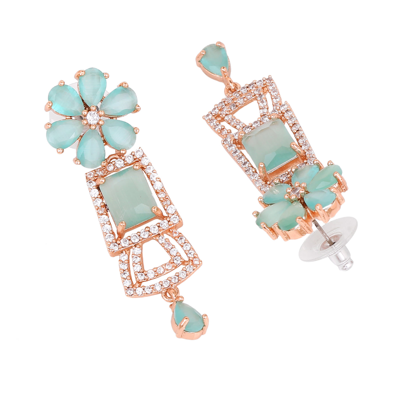 Estele Rose Gold Plated CZ Glimmering Earrings with Mint Green Stones for Women