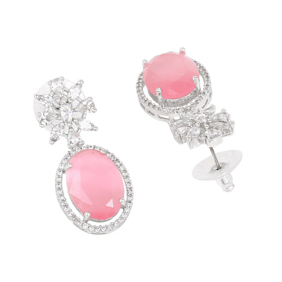 Estele Rhodium Plated CZ Gorgeous Drop Earrings with Mint Pink Stones for Women