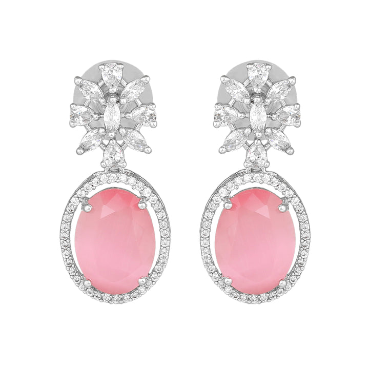 Estele Rhodium Plated CZ Gorgeous Drop Earrings with Mint Pink Stones for Women