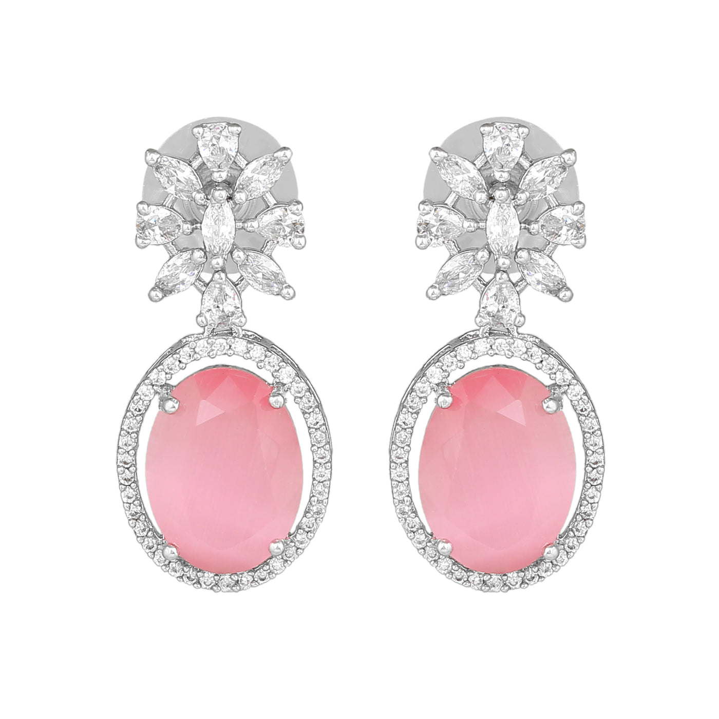 Estele Rhodium Plated CZ Gorgeous Drop Earrings with Mint Pink Stones for Women