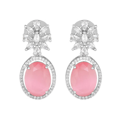 Estele Rhodium Plated CZ Gorgeous Drop Earrings with Mint Pink Stones for Women