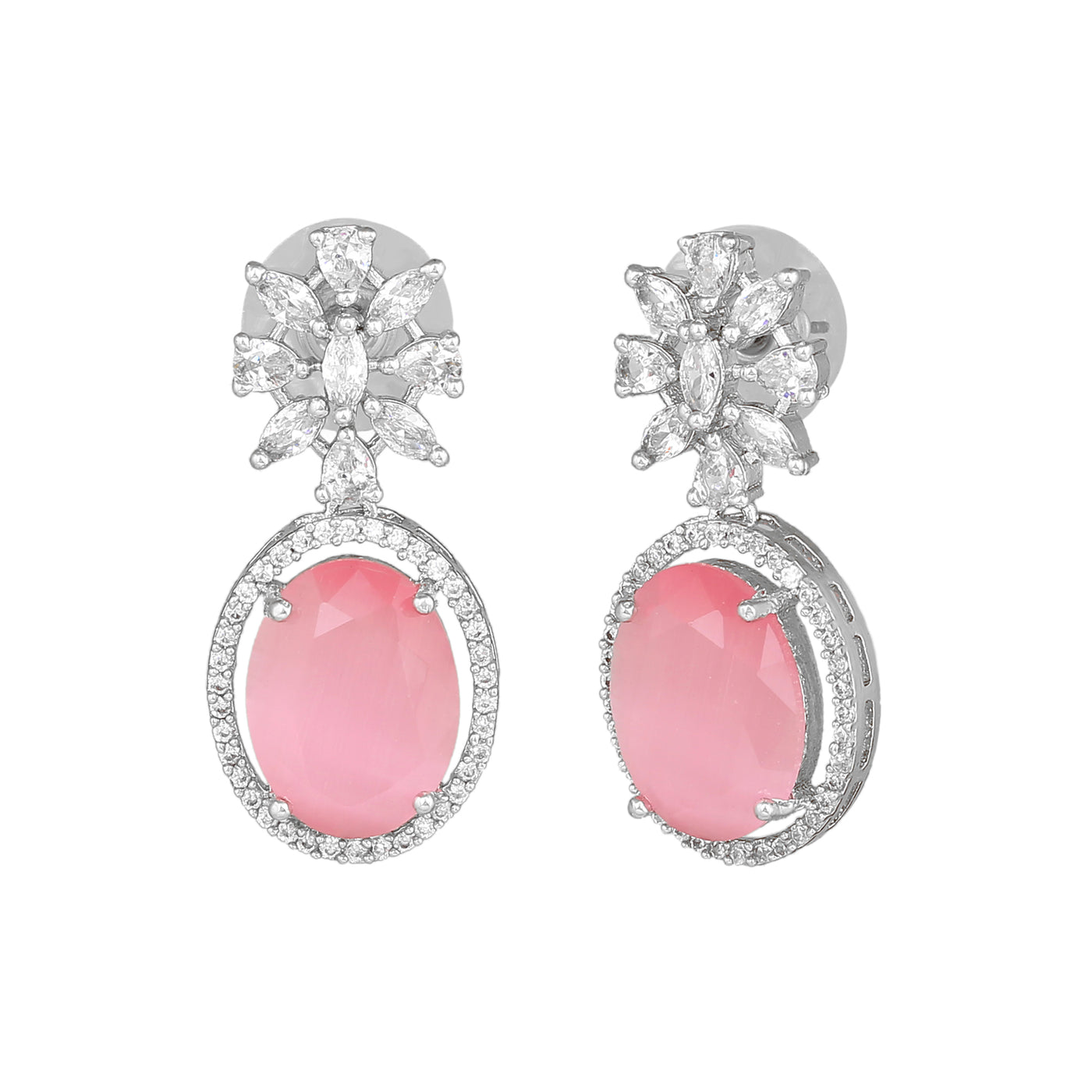 Estele Rhodium Plated CZ Gorgeous Drop Earrings with Mint Pink Stones for Women