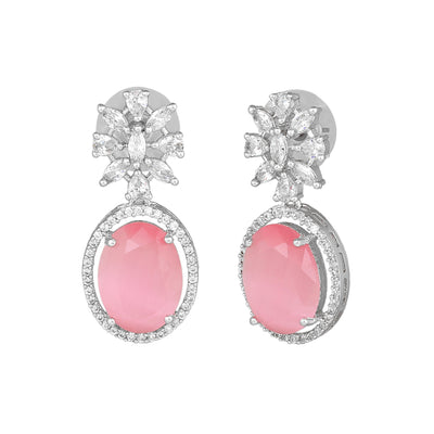 Estele Rhodium Plated CZ Gorgeous Drop Earrings with Mint Pink Stones for Women