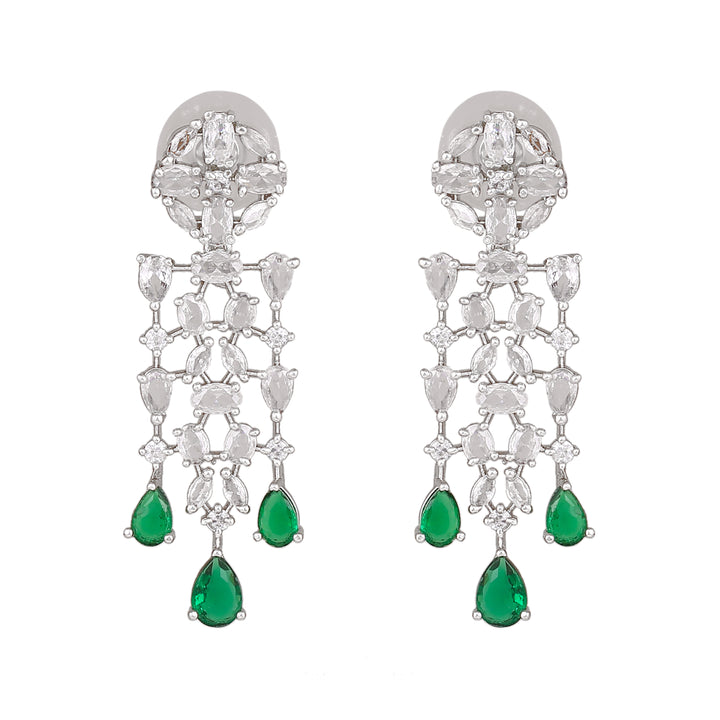 Estele Rhodium Plated CZ Shimmery Trickle Designer Earrings with Green Stones for Women