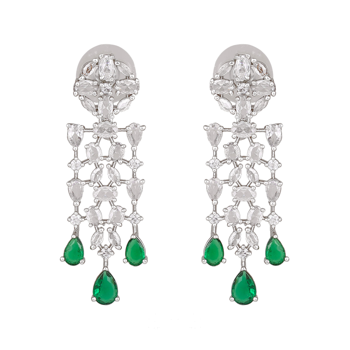 Estele Rhodium Plated CZ Shimmery Trickle Designer Earrings with Green Stones for Women