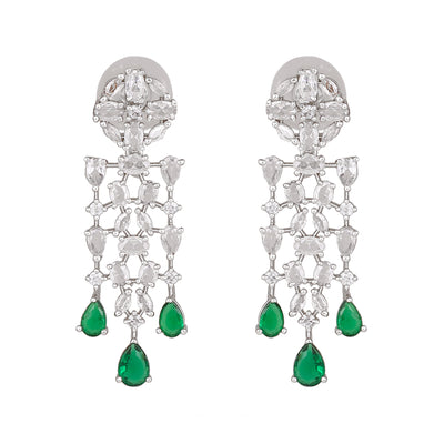 Estele Rhodium Plated CZ Shimmery Trickle Designer Earrings with Green Stones for Women