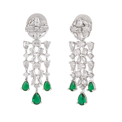 Estele Rhodium Plated CZ Shimmery Trickle Designer Earrings with Green Stones for Women