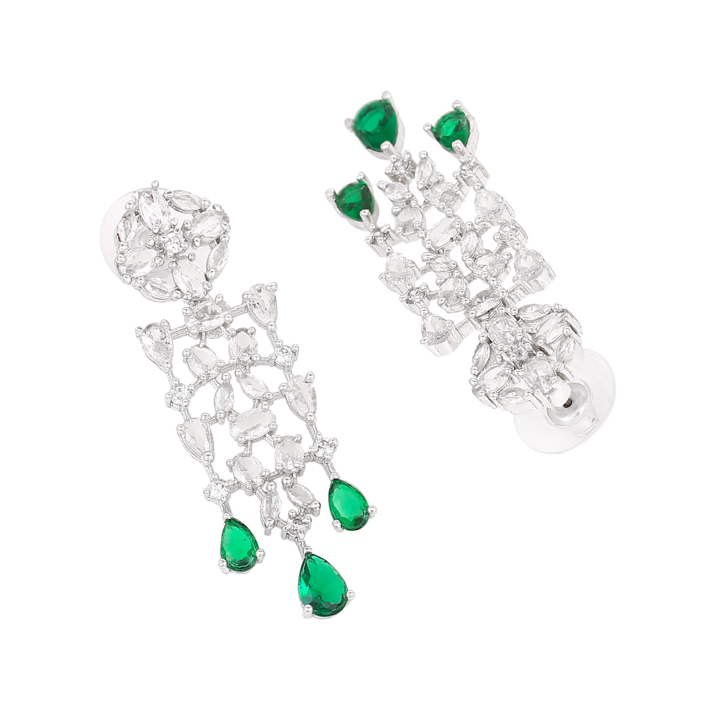 Estele Rhodium Plated CZ Shimmery Trickle Designer Earrings with Green Stones for Women