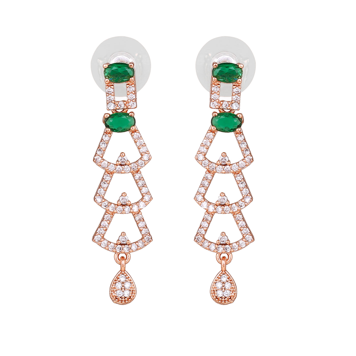 Estele Rose Gold Plated CZ Ravishing Drop Earrings with Green Stones for Women