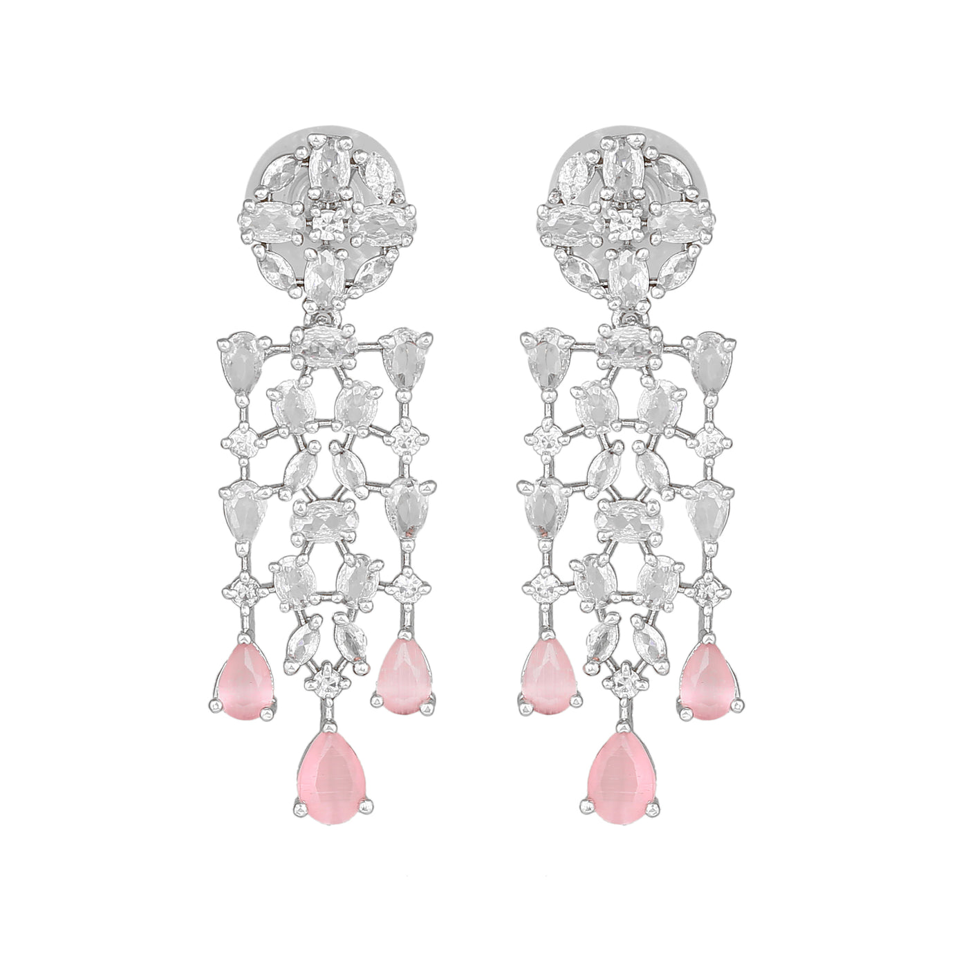 Estele Rhodium Plated CZ Shimmery Trickle Designer Earrings with Mint Pink Stones for Women