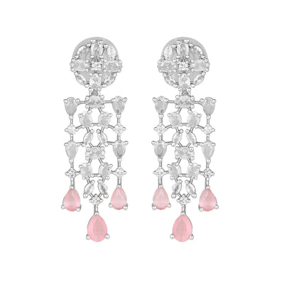 Estele Rhodium Plated CZ Shimmery Trickle Designer Earrings with Mint Pink Stones for Women