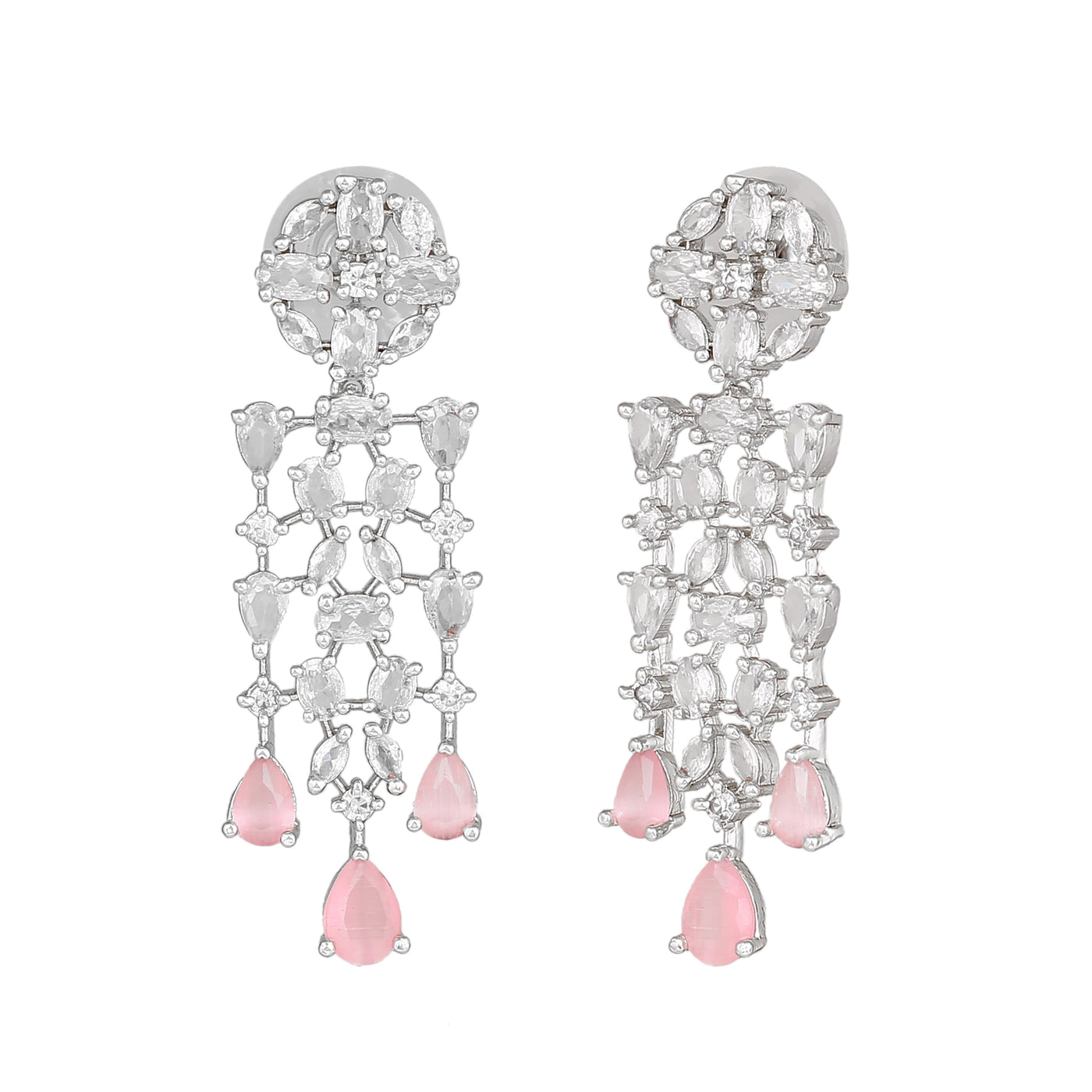 Estele Rhodium Plated CZ Shimmery Trickle Designer Earrings with Mint Pink Stones for Women