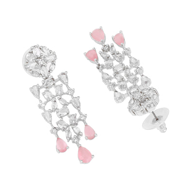 Estele Rhodium Plated CZ Shimmery Trickle Designer Earrings with Mint Pink Stones for Women