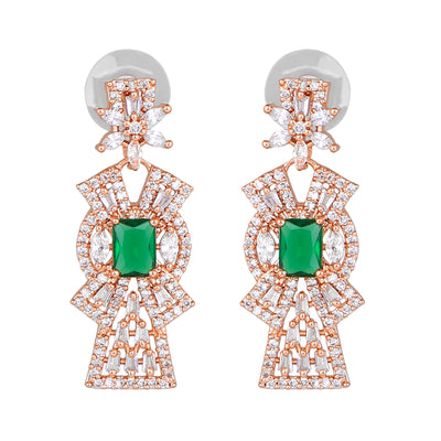 Estele Rose Gold Plated CZ Ravishing Earrings with Green Stones for Women