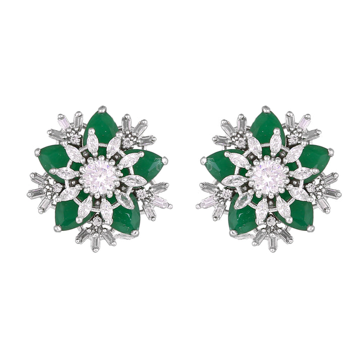 Estele Rhodium Plated CZ Flower Designer Stud Earrings with Green Stones for Women