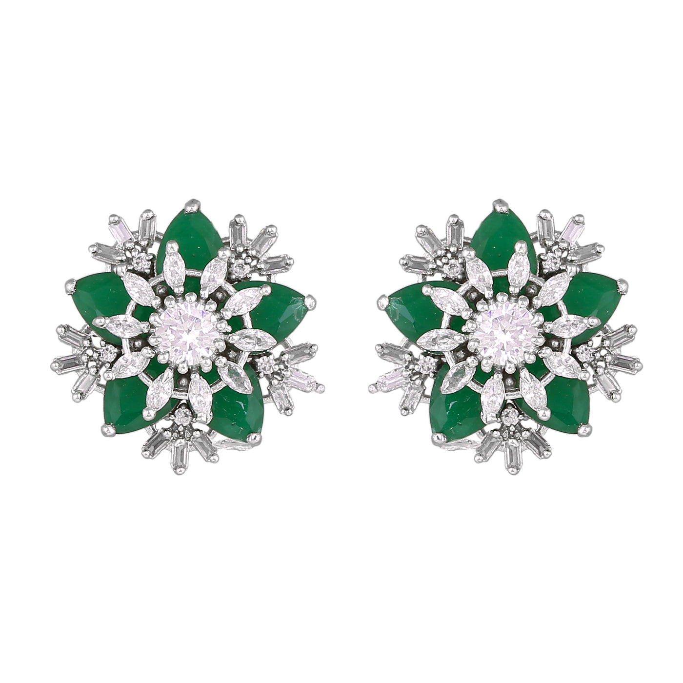 Estele Rhodium Plated CZ Flower Designer Stud Earrings with Green Stones for Women