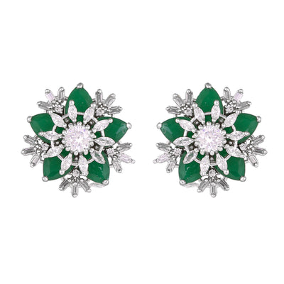 Estele Rhodium Plated CZ Flower Designer Stud Earrings with Green Stones for Women