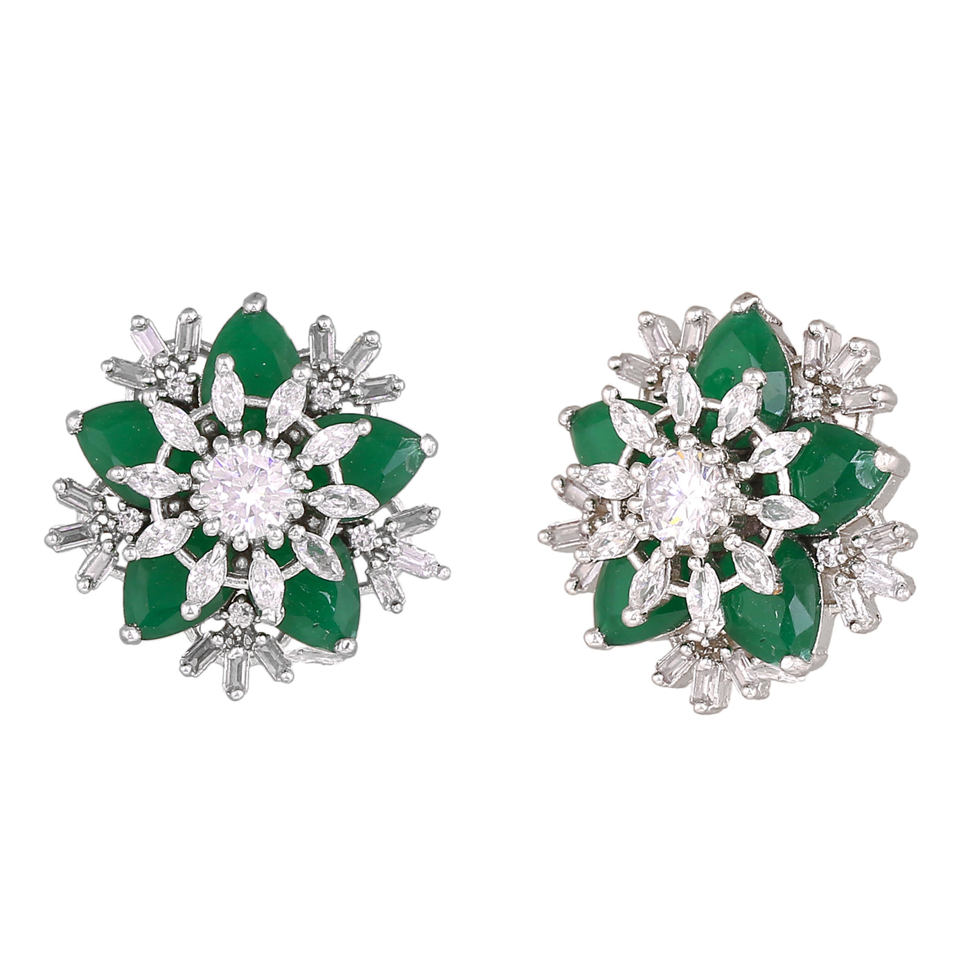 Estele Rhodium Plated CZ Flower Designer Stud Earrings with Green Stones for Women