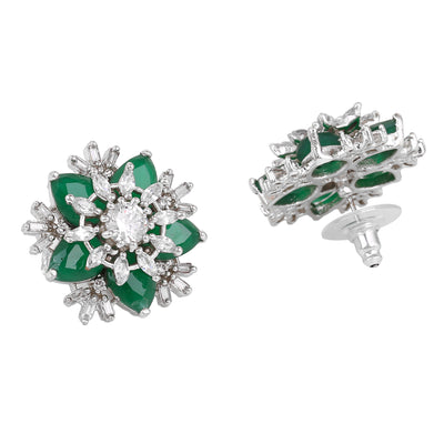 Estele Rhodium Plated CZ Flower Designer Stud Earrings with Green Stones for Women