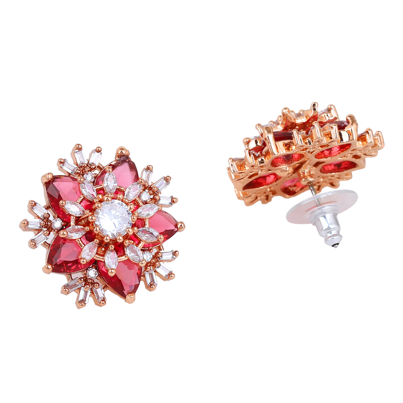 Estele Rose Gold Plated CZ Flower Designer Stud Earrings with Tourmaline Pink Stones for Women