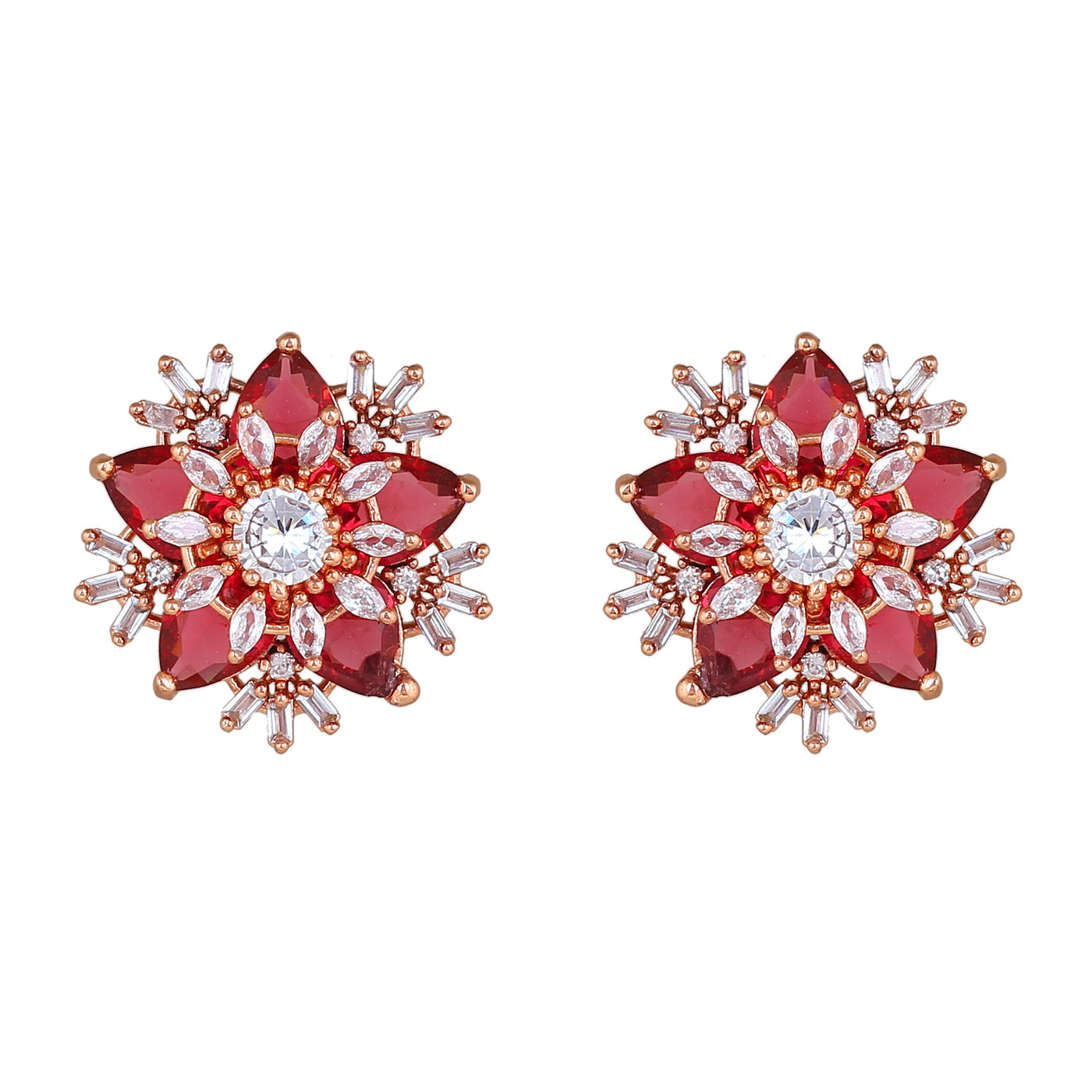 Estele Rose Gold Plated CZ Flower Designer Stud Earrings with Tourmaline Pink Stones for Women