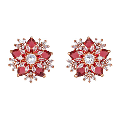 Estele Rose Gold Plated CZ Flower Designer Stud Earrings with Tourmaline Pink Stones for Women