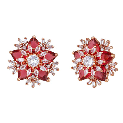 Estele Rose Gold Plated CZ Flower Designer Stud Earrings with Tourmaline Pink Stones for Women