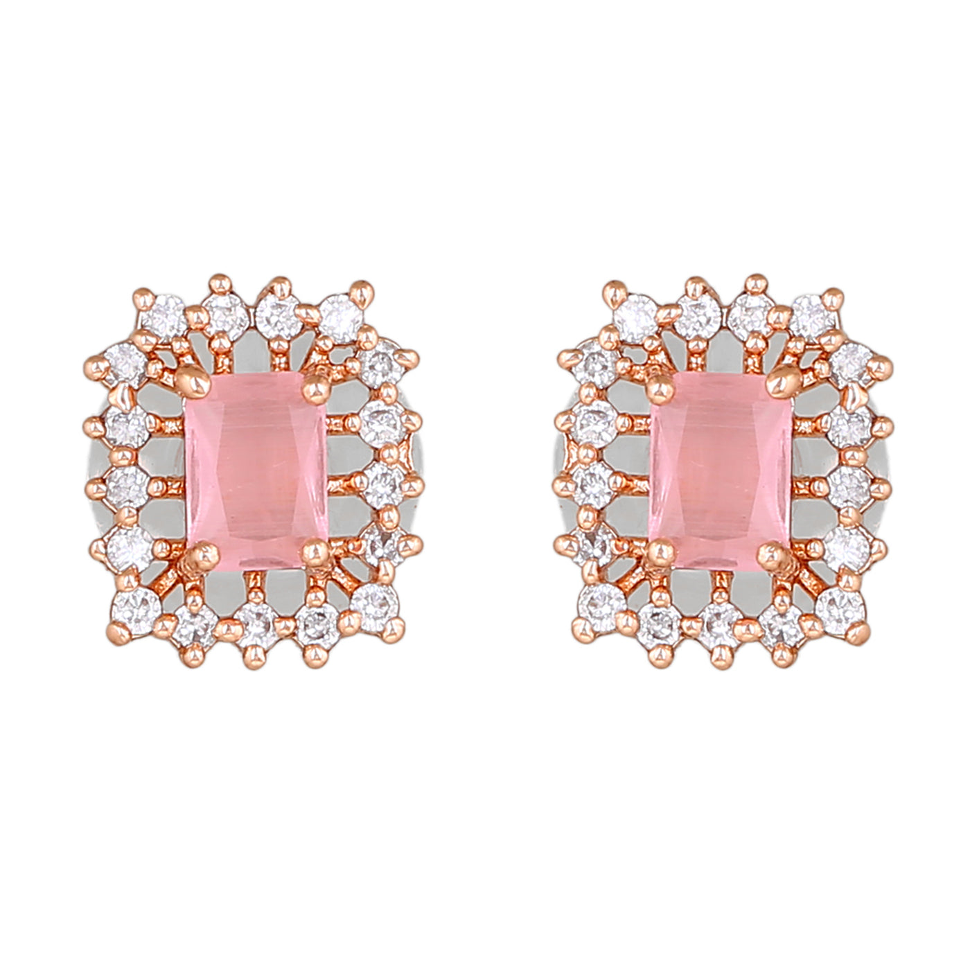 Estele Rose Gold Plated CZ Square Designer Stud Earrings with Mint Pink Stones for Women