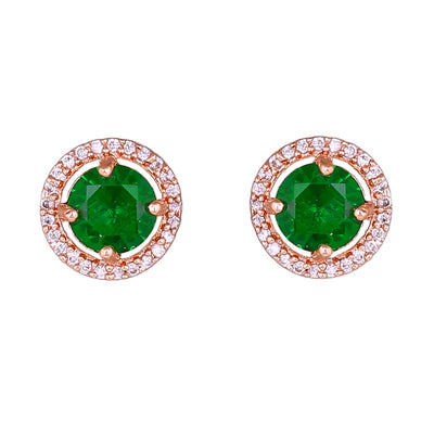 Estele Rose Gold Plated CZ Circular Designer Stud Earrings with Green Stones for Women