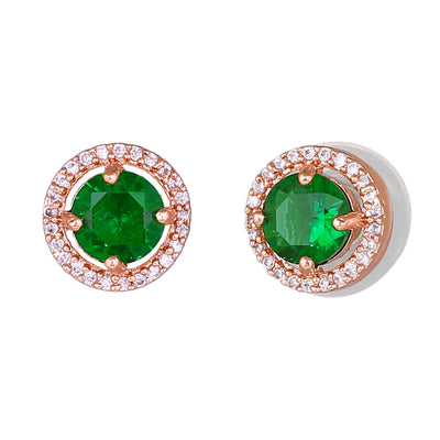 Estele Rose Gold Plated CZ Circular Designer Stud Earrings with Green Stones for Women