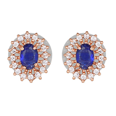 Estele Rose Gold Plated CZ Beautiful Round Designer Stud Earrings with Blue Stones for Women