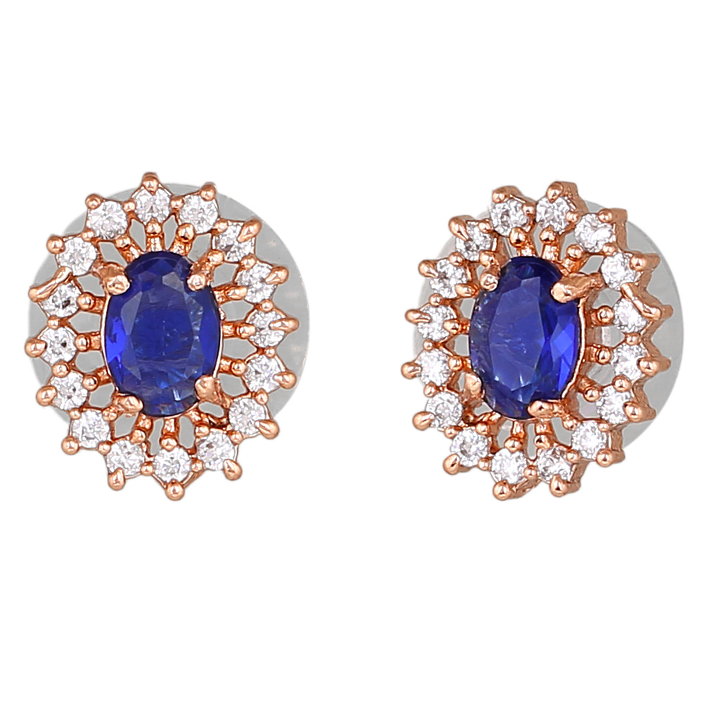 Estele Rose Gold Plated CZ Beautiful Round Designer Stud Earrings with Blue Stones for Women