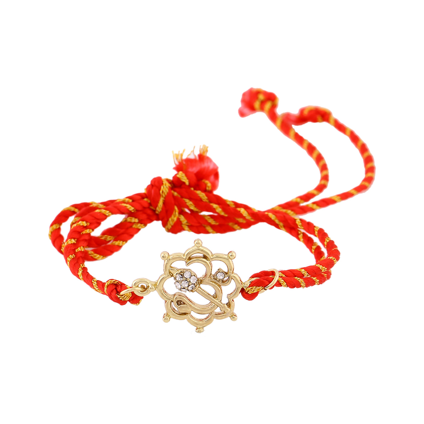 Estele Gold Plated Floral Om Rakhi with Austrian Crystals and Divine Red Silk Thread
