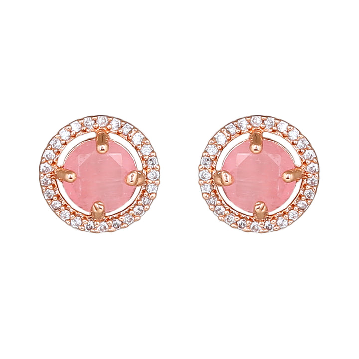 Estele Rose Gold Plated CZ Circular Designer Stud Earrings with Mint Pink Stones for Women