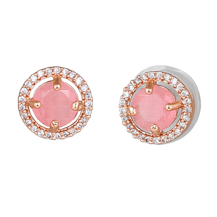 Estele Rose Gold Plated CZ Circular Designer Stud Earrings with Mint Pink Stones for Women