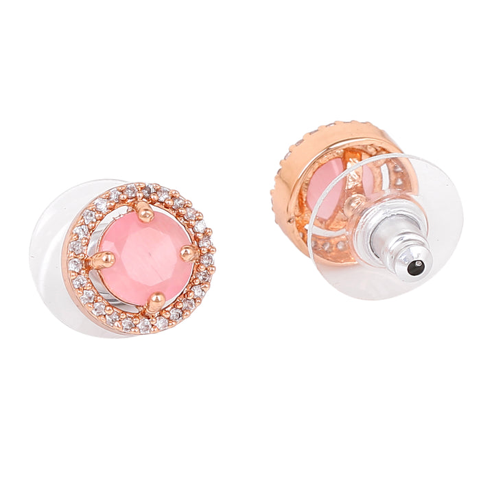 Estele Rose Gold Plated CZ Circular Designer Stud Earrings with Mint Pink Stones for Women