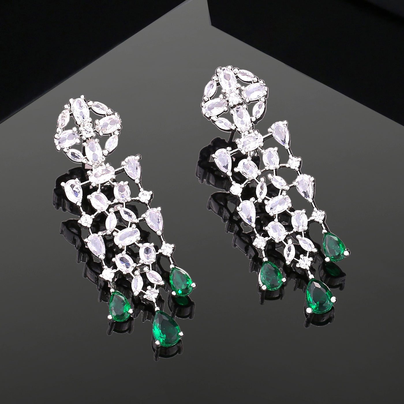 Estele Rhodium Plated CZ Shimmery Trickle Designer Earrings with Green Stones for Women