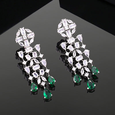 Estele Rhodium Plated CZ Shimmery Trickle Designer Earrings with Green Stones for Women