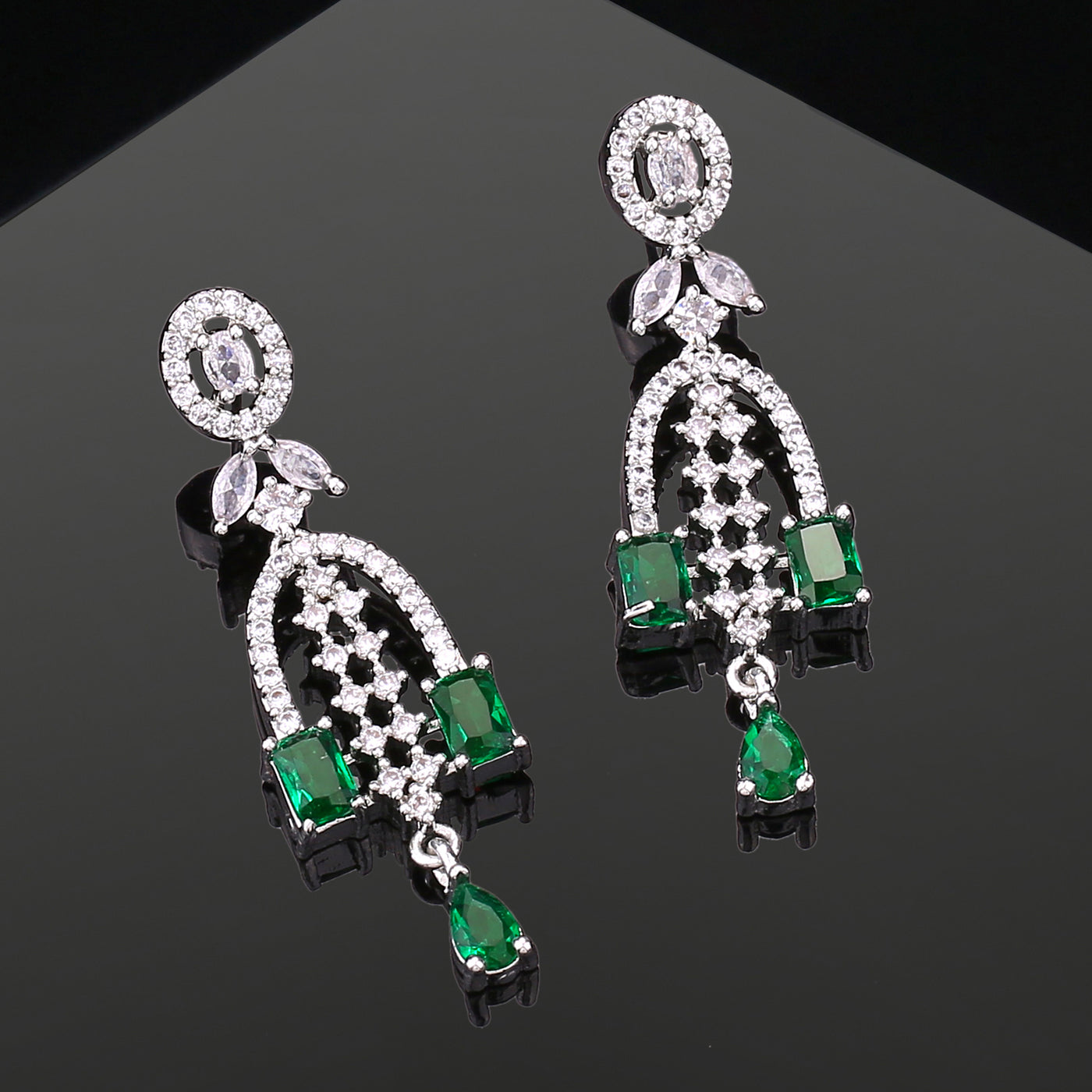 Estele Rhodium Plated CZ Falling Star Designer Earrings with Green Stones for Women