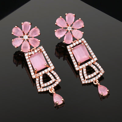 Estele Rose Gold Plated CZ Glimmering Earrings with Mint Pink Stones for Women
