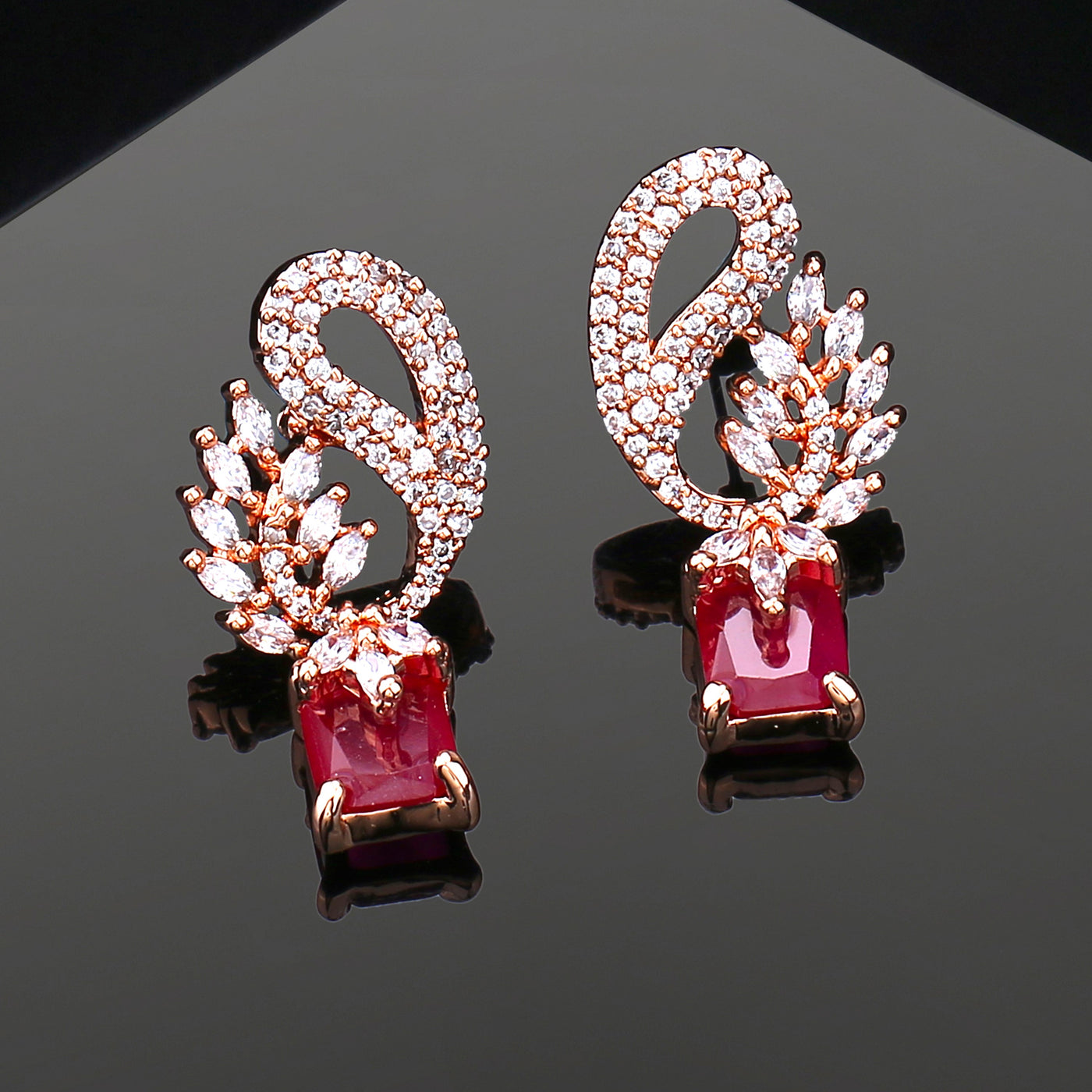 Estele Rose Gold Plated CZ Peacock Designer Earrings with Ruby Stones for Women