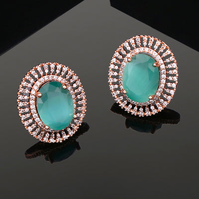 Estele Rose Gold Plated CZ Circular Designer Stud Earrings with Mint Green Stones for Women